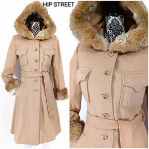 VINTAGE DOMINO NEW YORK 60's Fox fur Trim Hood Mod Coat S